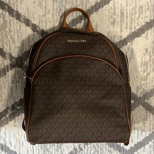 Michael Kors Abbey Logo Brown Tan Leather Large Backpack